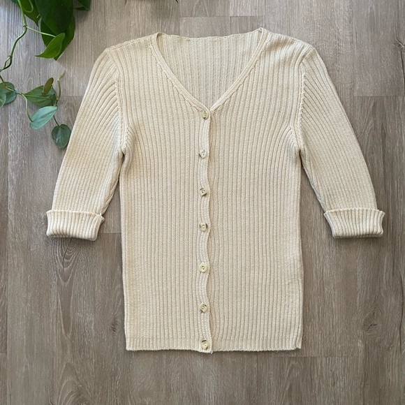 Women’s Made in Italy Cream Ribbed Knit Short Sleeve button Down Top - Picture 1 of 6